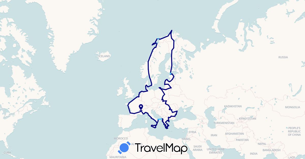 TravelMap itinerary: driving, boat in Albania, Belgium, Bulgaria, Germany, Denmark, Estonia, Finland, France, Greece, Hungary, Italy, Lithuania, Latvia, Netherlands, Norway, Poland, Romania, Sweden, Slovakia (Europe)